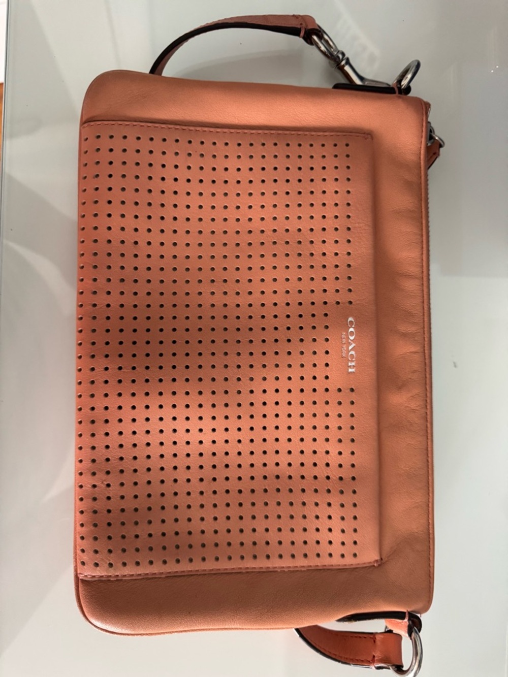 Coach Perforated Leather Laptop Bag in Coral Tan